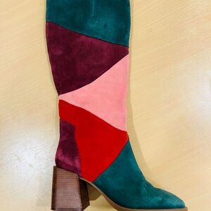 Chelsea and Violet Colorblock Suede Knee-High Boot in Teal, Burgundy & Red